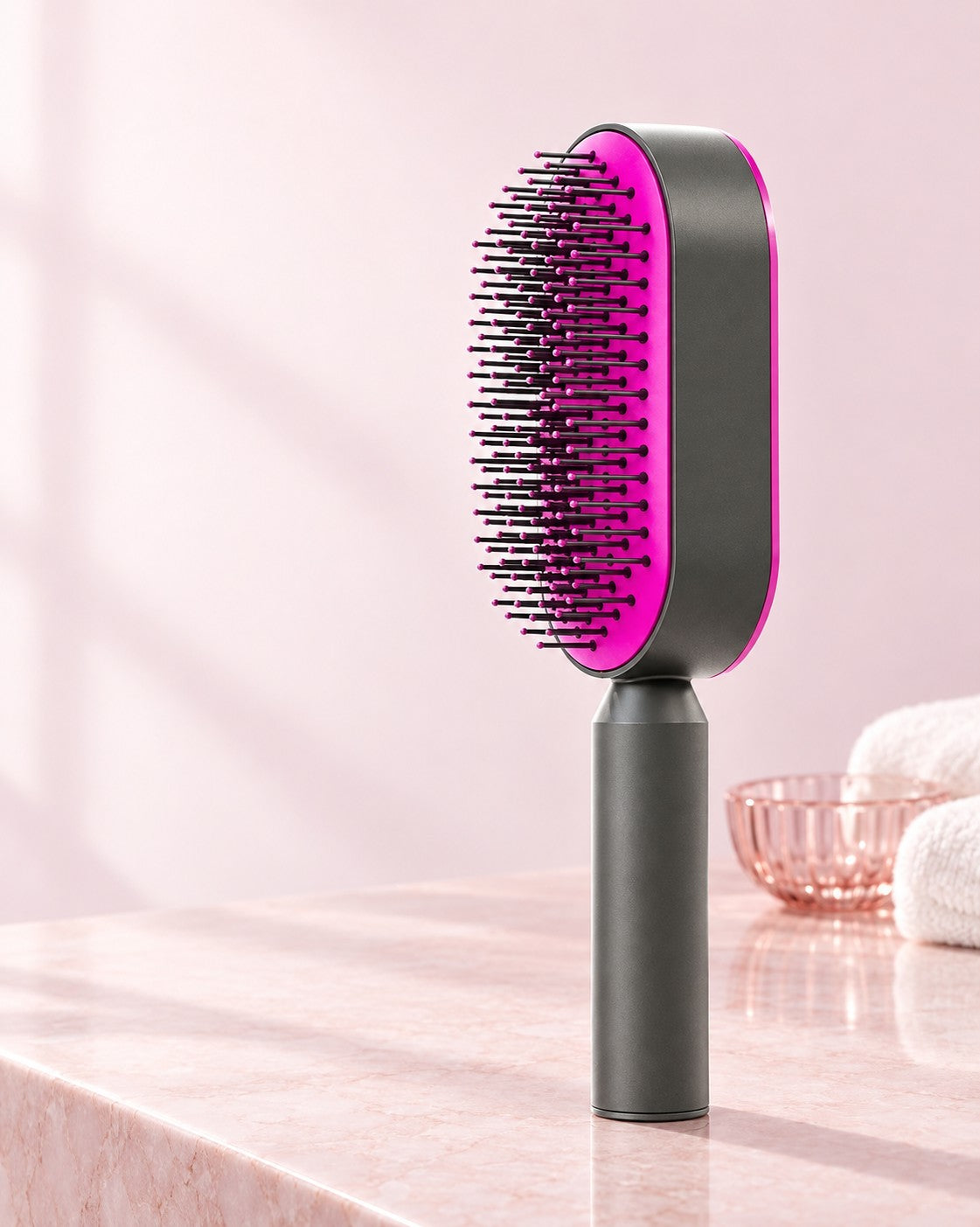 Sova self-cleaning brush in Rose on a blush vanity