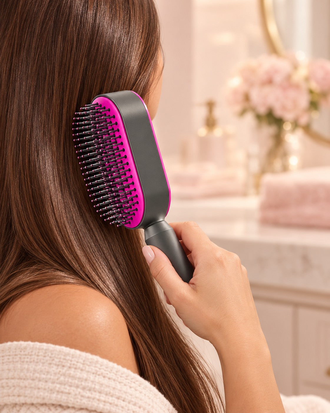 Brushing long hair with the Sova brush in Rose